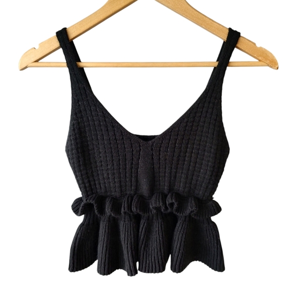 Amazon Sweaty Rocks Black Waffle Ruffle Hem Peplum Cropped Knit Tank Top Size M - Picture 2 of 9